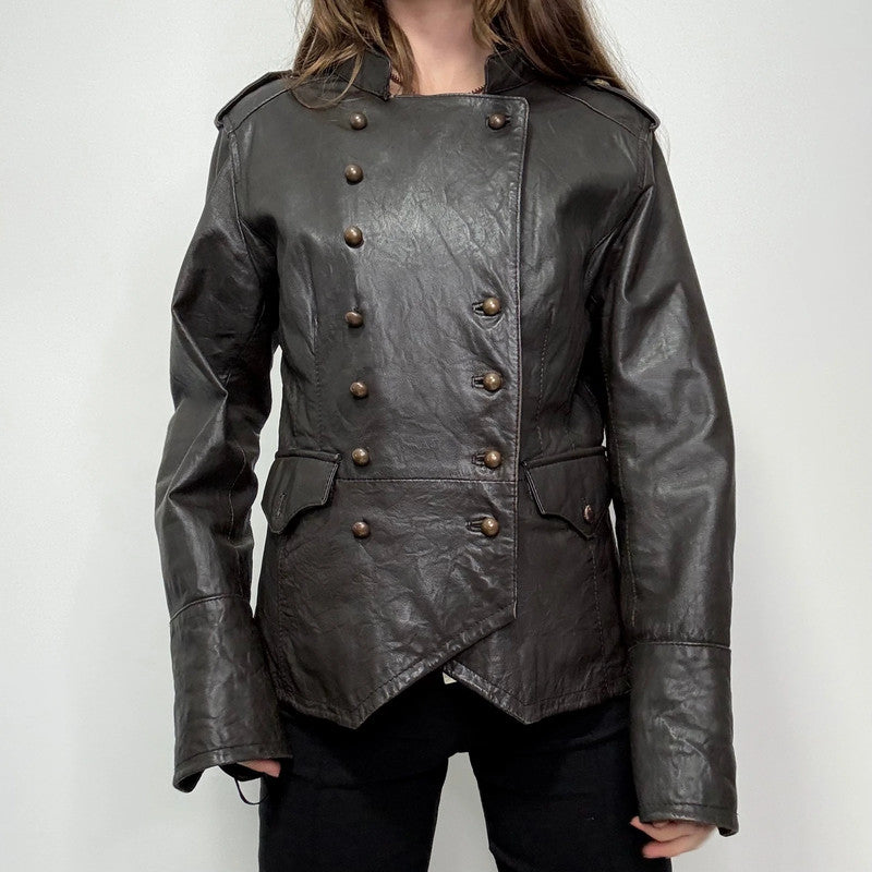 aymmetric brown leather military napolionic jacket