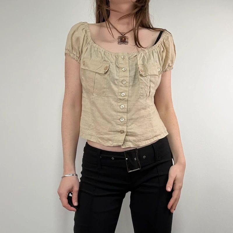 tan linen pleated button through slouchy blouse