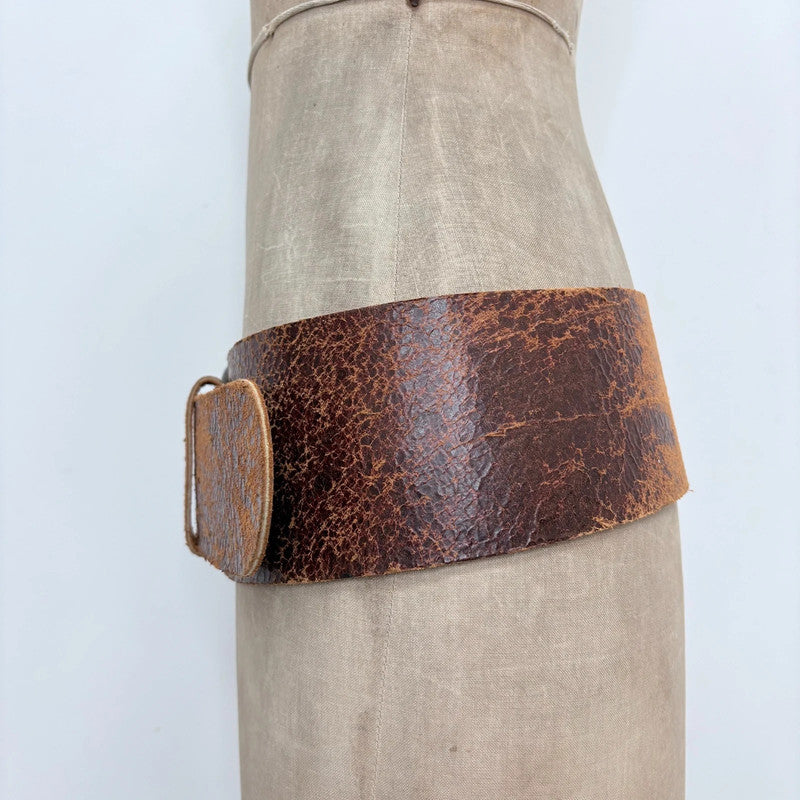 Distressed brown leather oversized thick belt