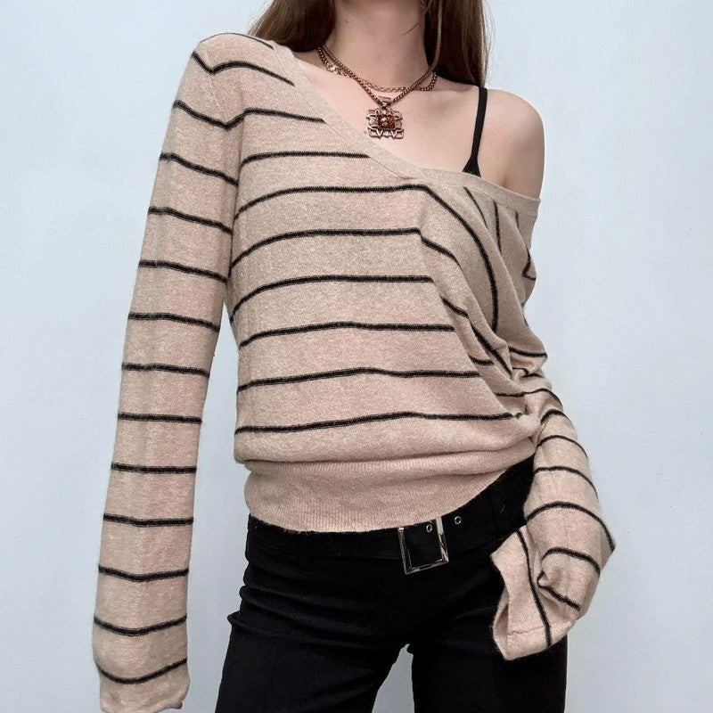 tan pinstripe wide neck slouchy jumper