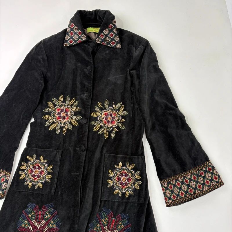 embroidered black velvet longline jacket