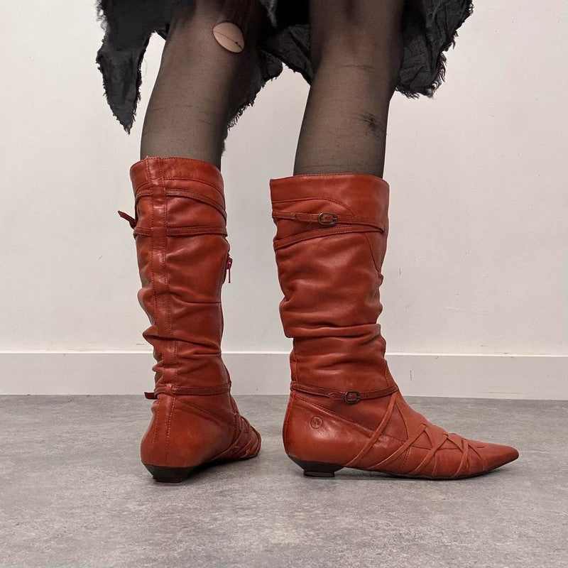 orange leather pointed pixie boots