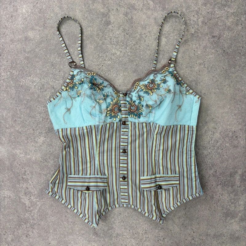 aqua blue fitted corset pinstripe fairy vest top