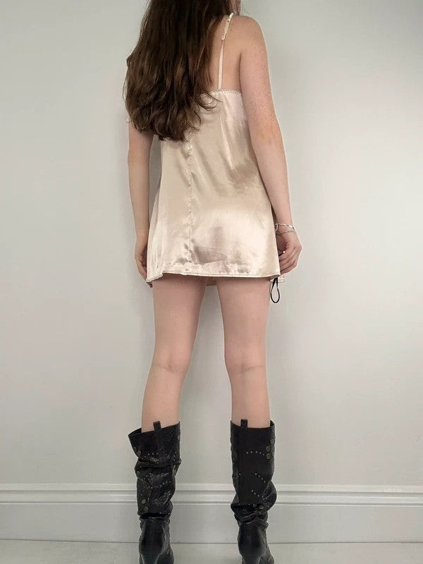 Satin dusty pink mini bow slip dress