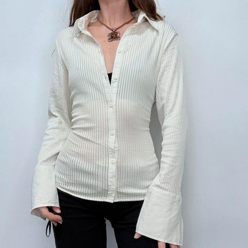 white pinstriped fitted stretch shirt