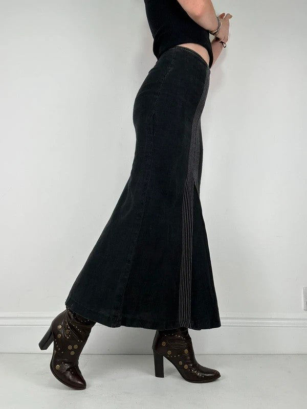 black linen high-waisted stitched flare maxi skirt
