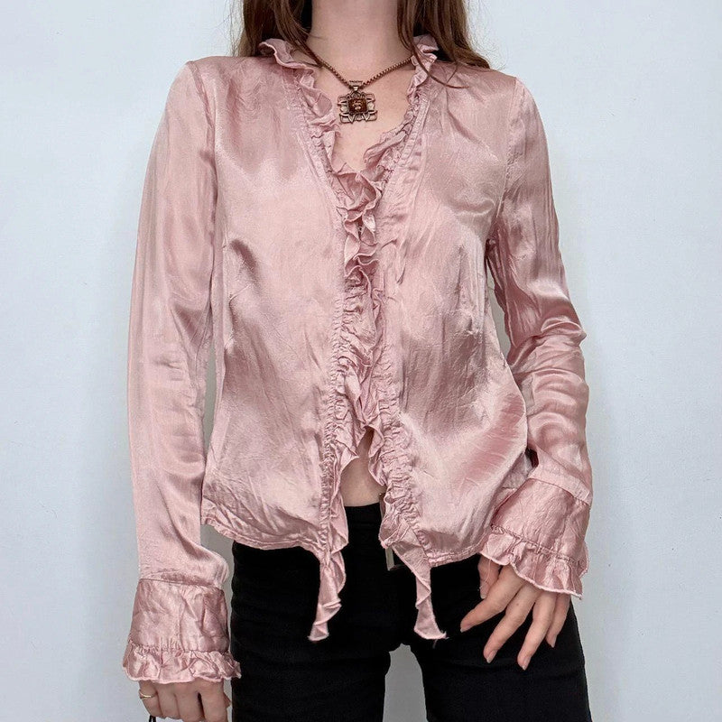 pink silky flutter flared shirt