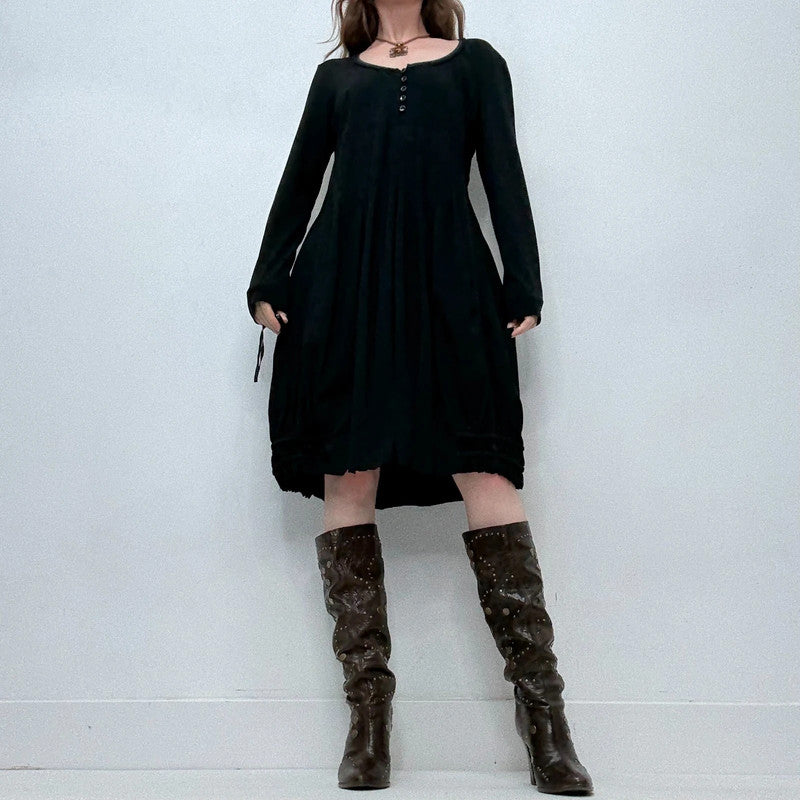 black long sleeve pleated puff midi dress
