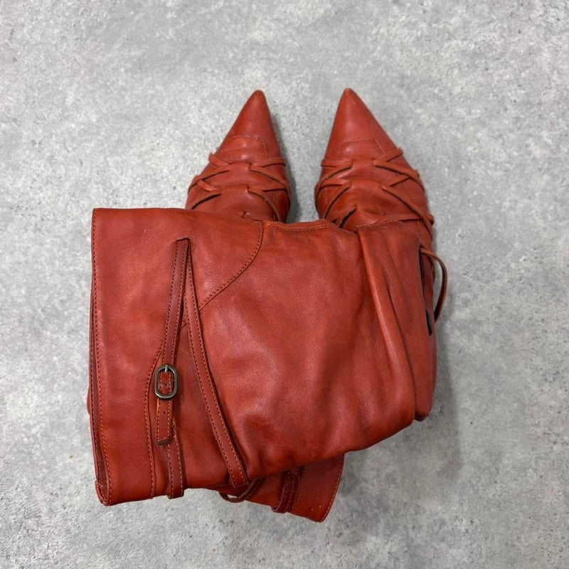 orange leather pointed pixie boots