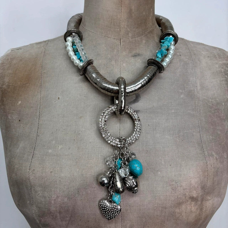 chunky oversized silver turquoise boho necklace