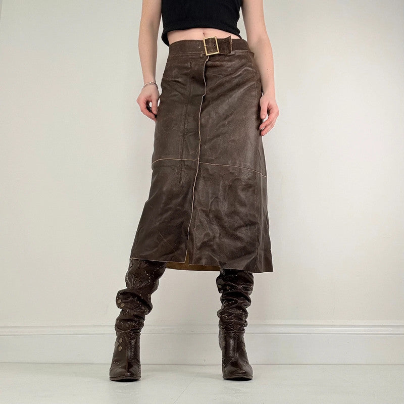 chocolate brown leather a-line midi skirt