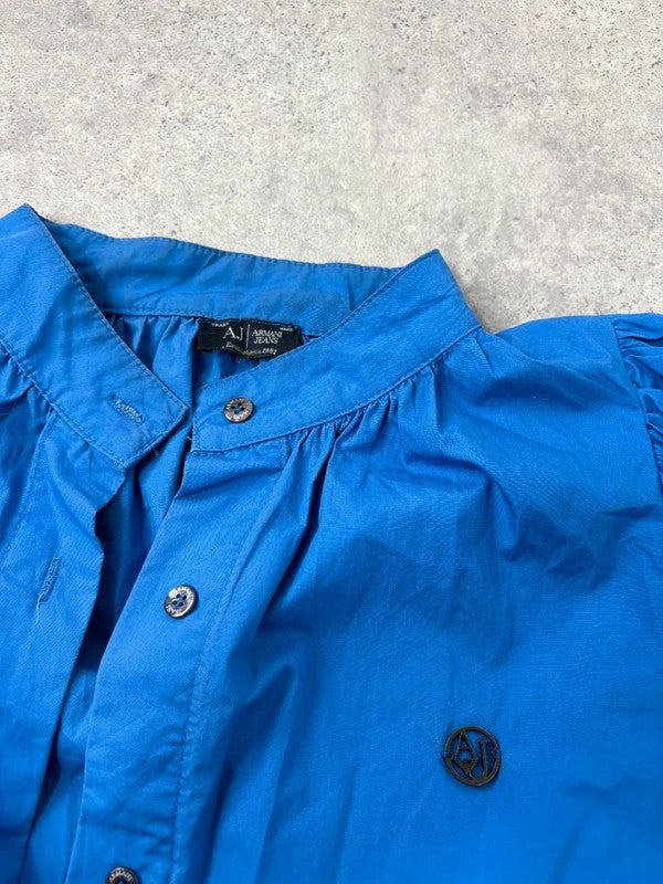 Blue cotton button puff midi shirt dress