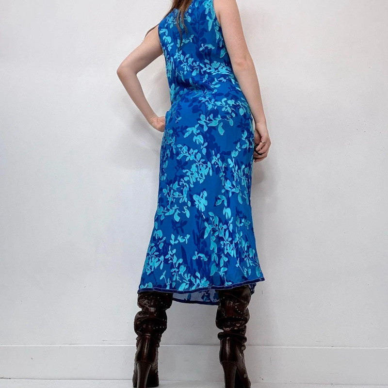 blue floral embossed silk bias cut dress
