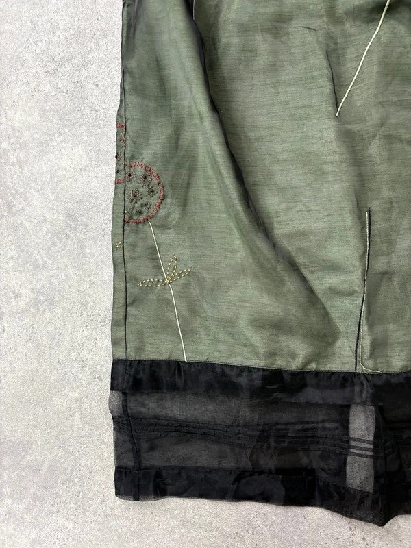 Green embroidered layered a-line maxi skirt