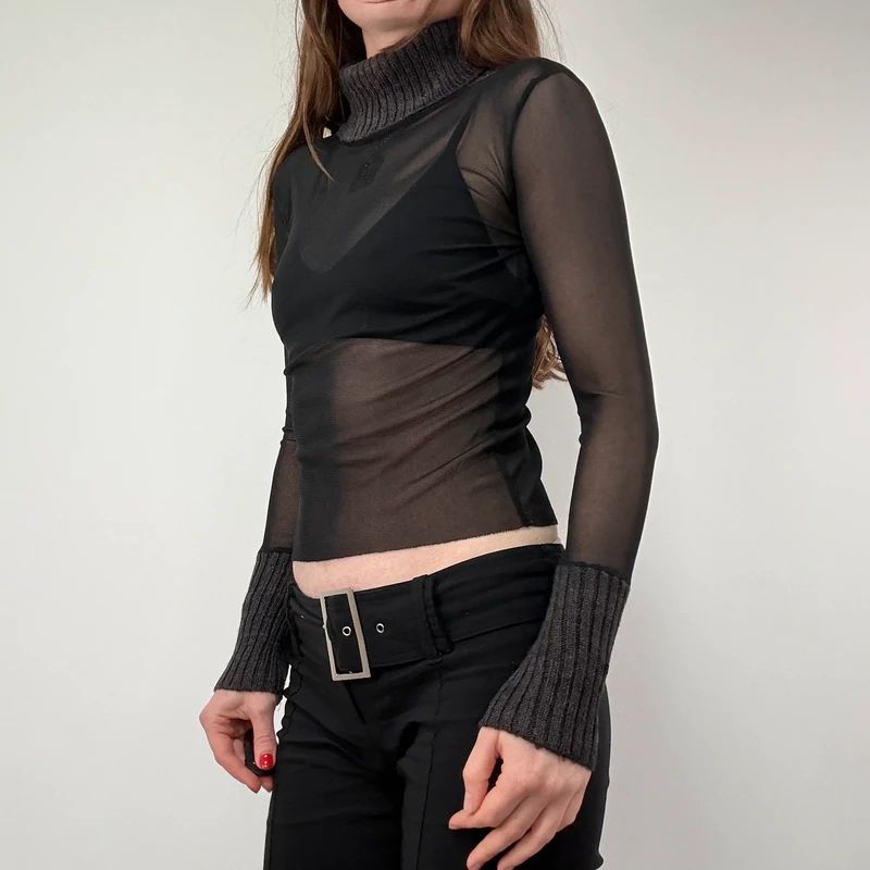 Black Ribbed Mesh Grunge Top