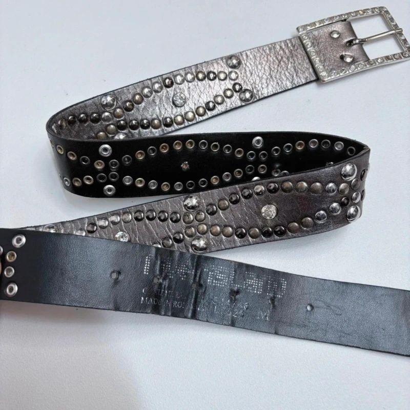 silver studded diamond leather belt