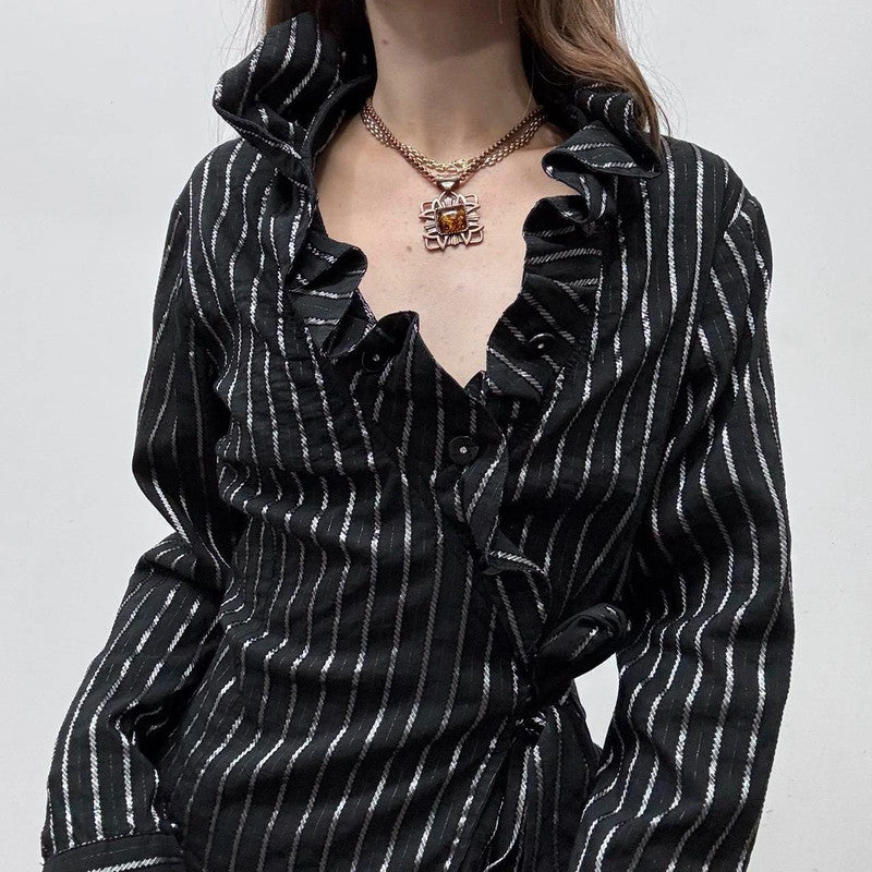 black pinstripe wrap ruffle shirt