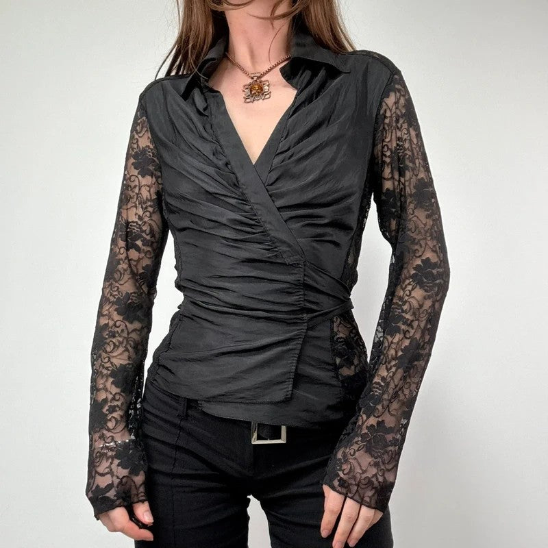 gathered lace wrap around shirt