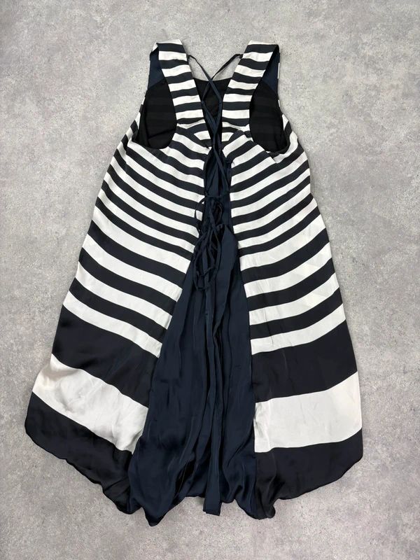 Navy and white striped asymmetric midi dress