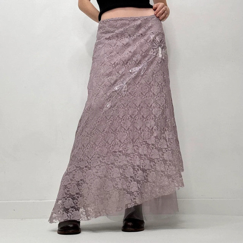 lilac lace sheer asymmetric maxi skirt