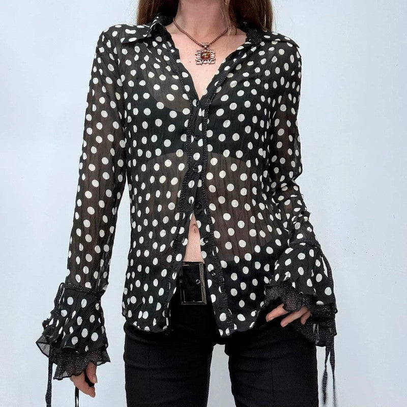 sheer polkadot lace ruffle shirt