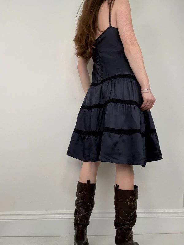 navy and lack lace flared tiered midi dress