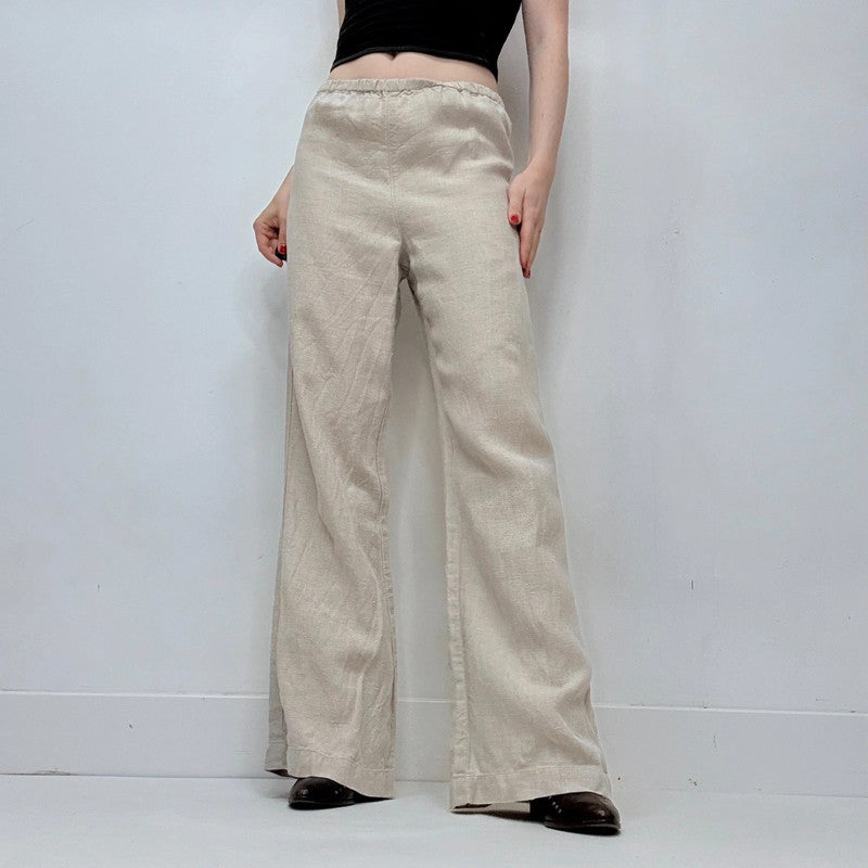 tan 100% linen wide leg flared trousers