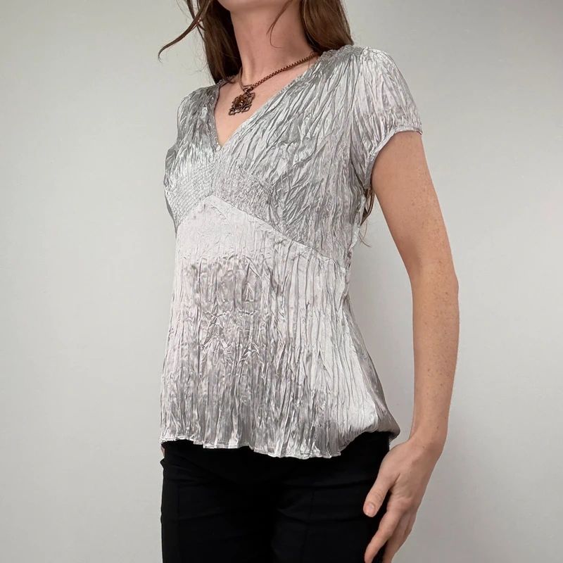 silver crinkle pleated blouse vest