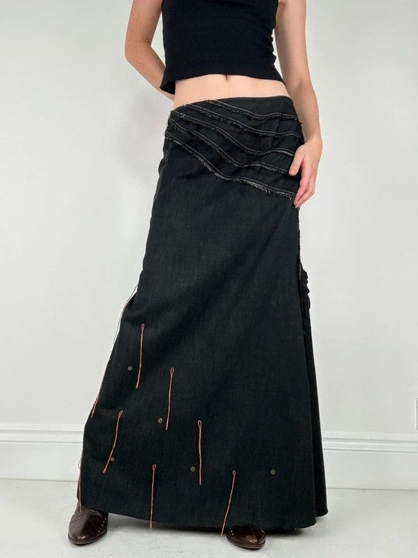 Flared black distressed maxi skirt