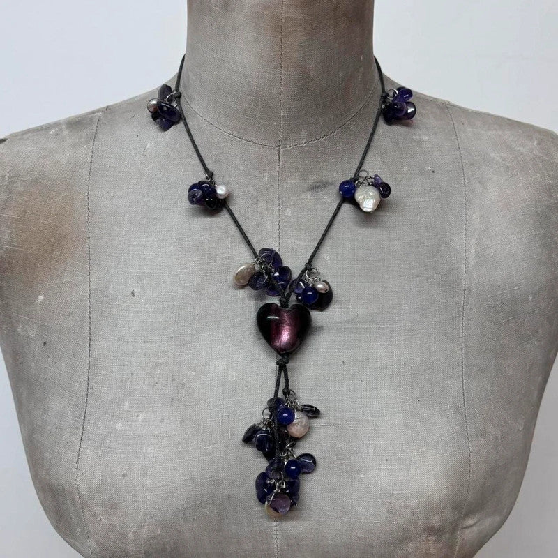 layered amethyst pearl charm necklace