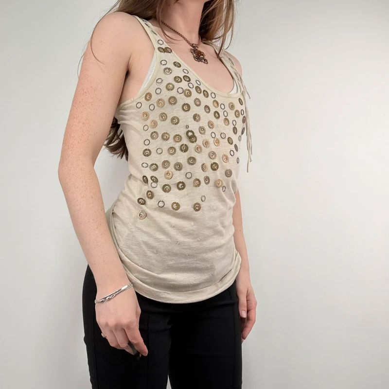 slouchy tan metal studded embelsihed vest top
