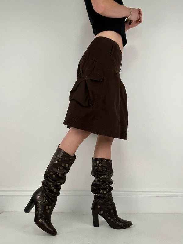 pleated brown cotton thick waistband drop waist puff midi skirt