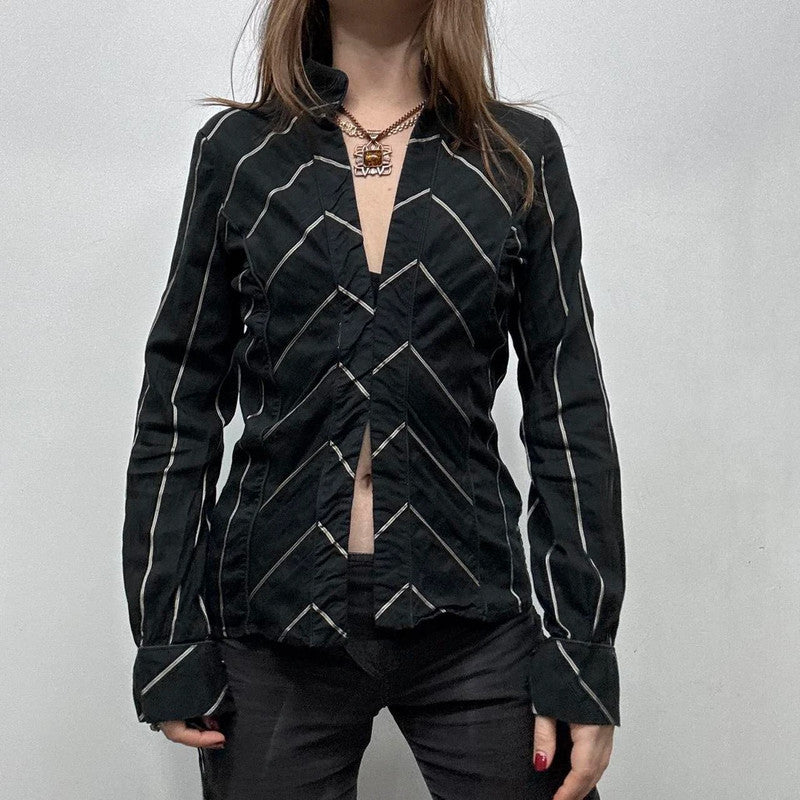 black flared pinstripe office shirt