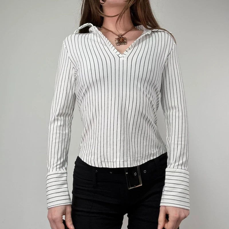 white pinstripe fitted flared shirt
