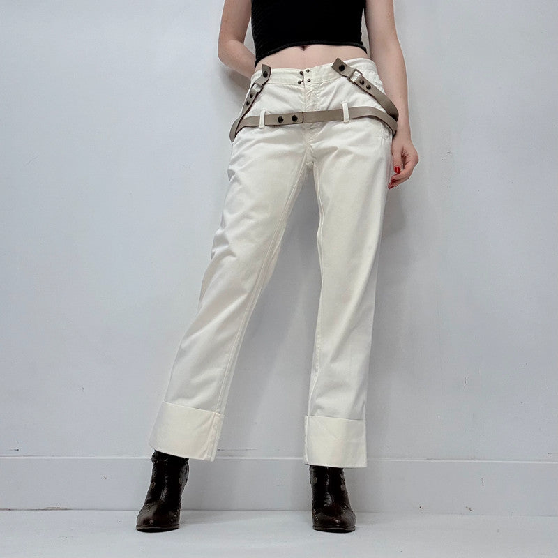 white low rise structured leather belted trousers
