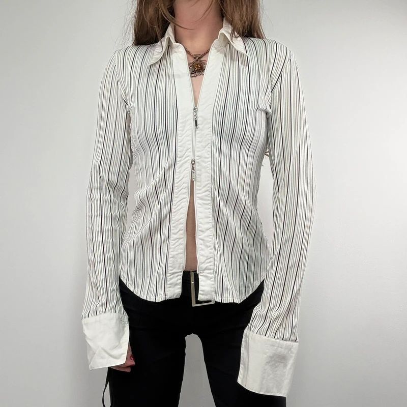 zip through pinstripe fitted white shirt