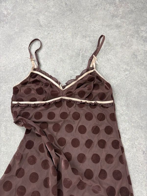 brown polkadot sheer mini slip dress