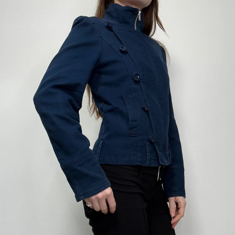 blue asymmetric button military jacket