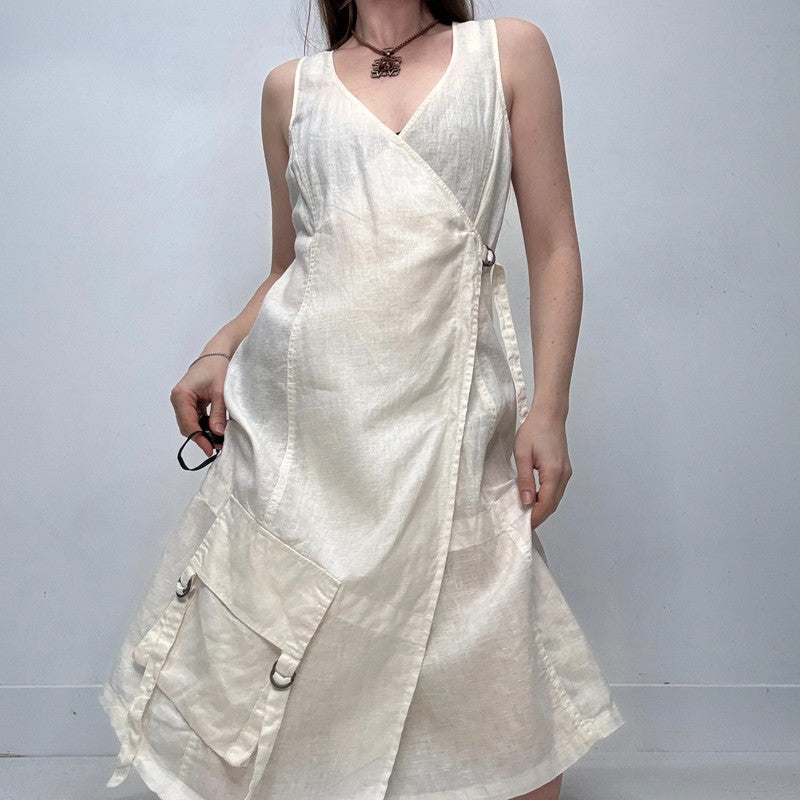 white linen utility wrap dress