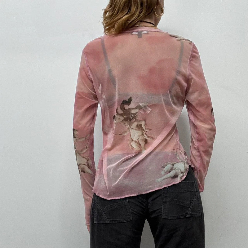 sheer pink graphic print angel t-shirt