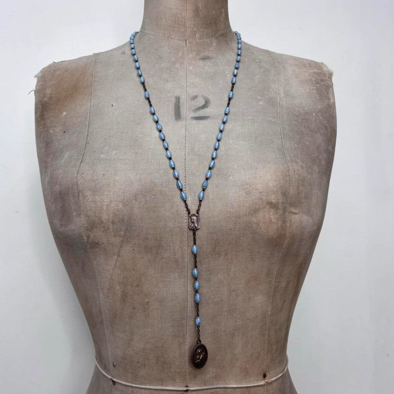 blue long rosary necklace