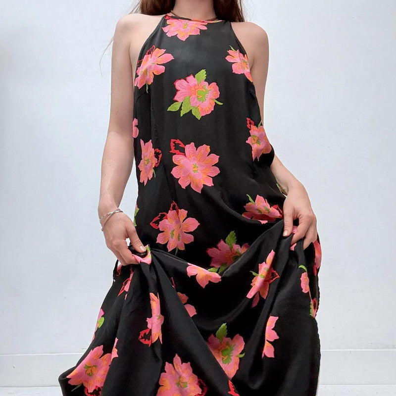 black floral bias cut maxi dress