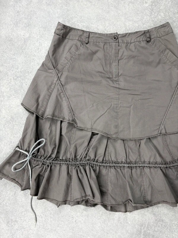 Khaki layered ruffle midi pleated skirt