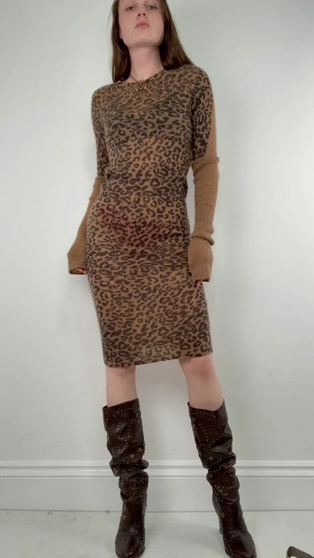 sheer knit long sleeve slouchy leopard printed dress