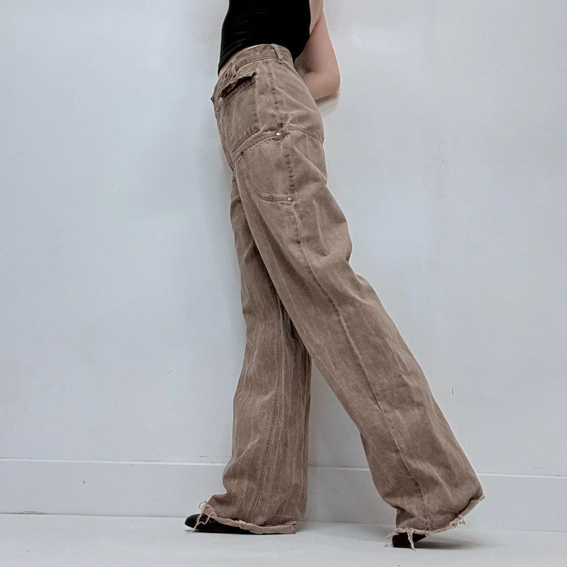 drop waist brown denim utility belted jeans