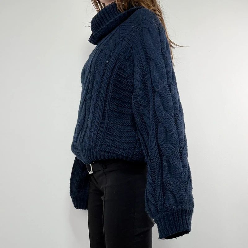 navy chunky cable knit turtle neck jumper