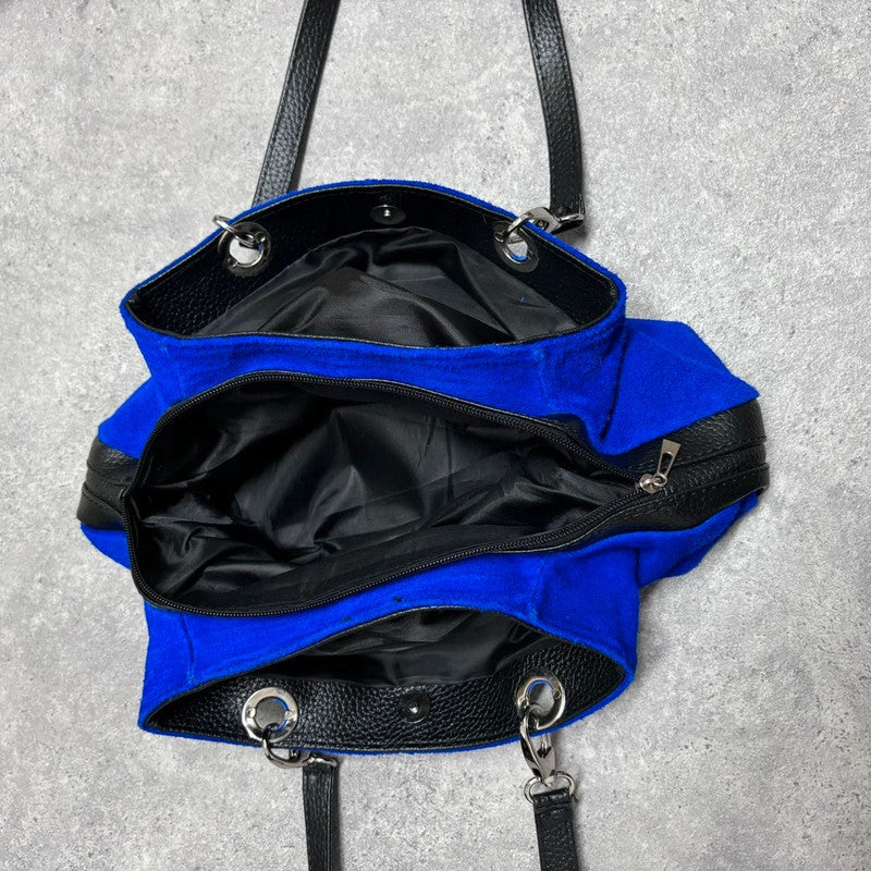 blue suede shoulder bag