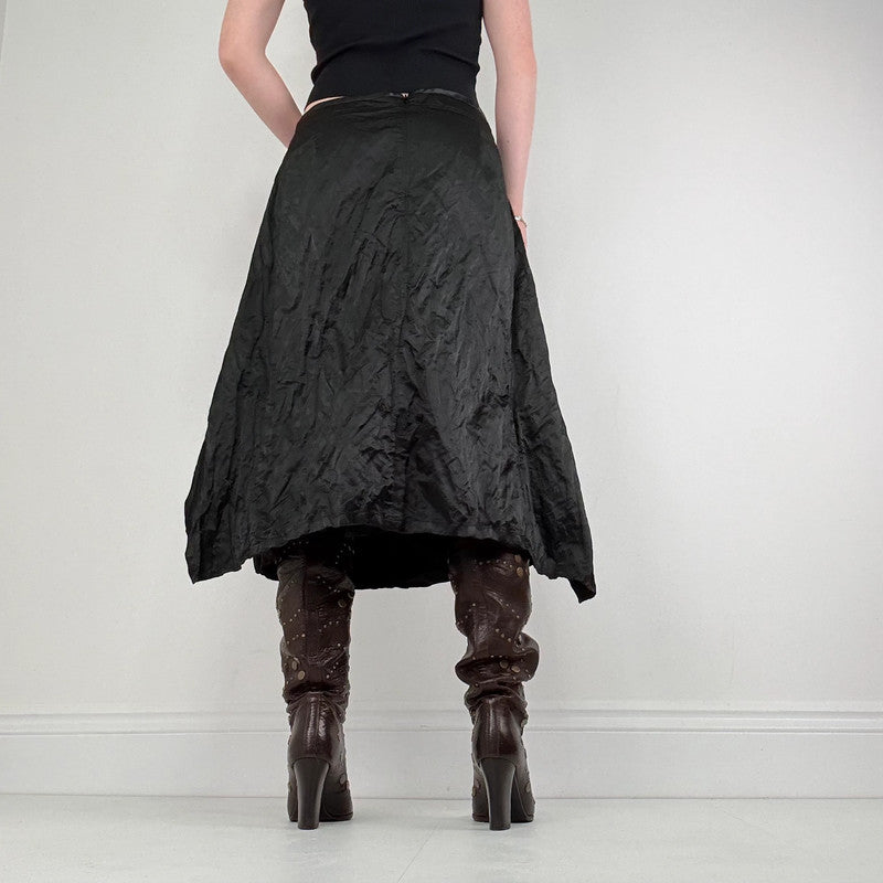 black crinkle satin tie up layered skirt