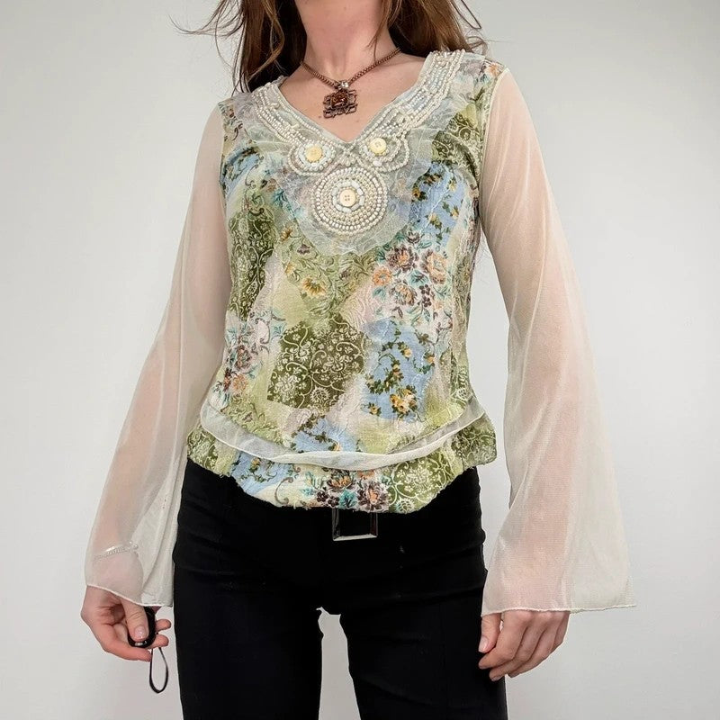 Mesh boho flare paisley print blouse t-shirt