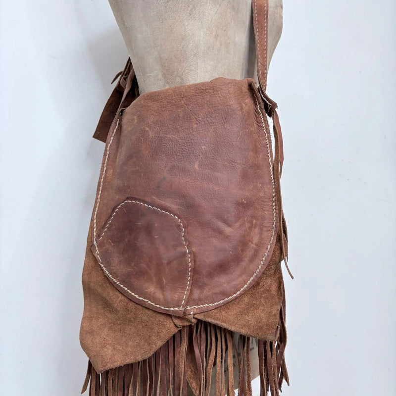 tan leather tassel boho bag